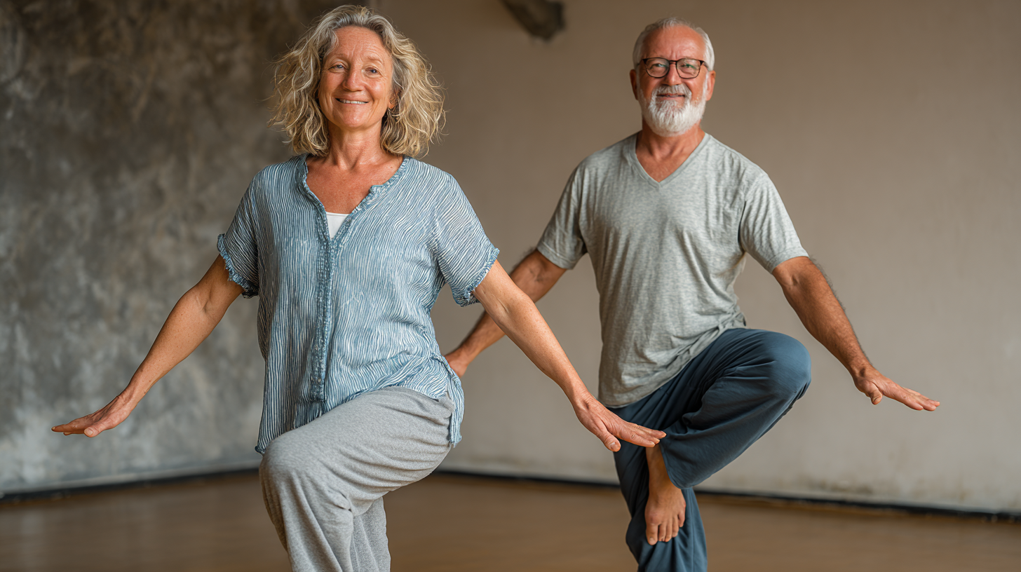 Люди середнього віку виконують вправи в офісі